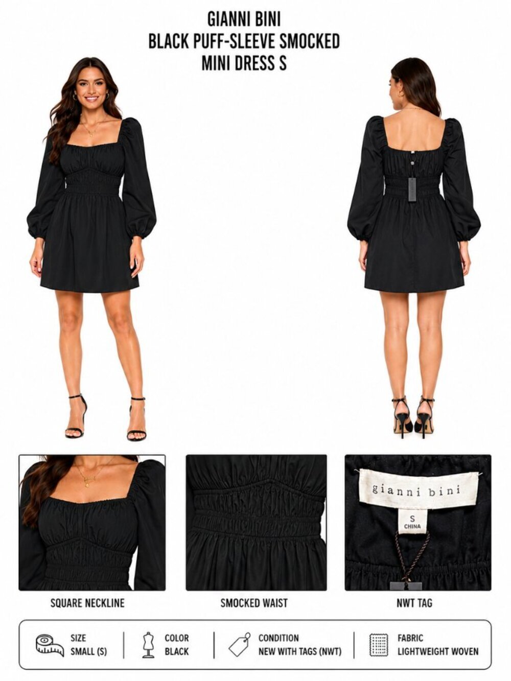 GIANNI BINI BLACK PUFF-SLEEVE SMOCKED MINI DRESS S NWT